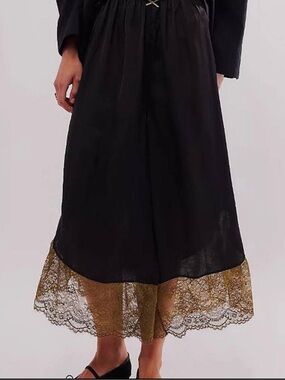Black Wide Leg Silky Pants with Gold Lace Hem